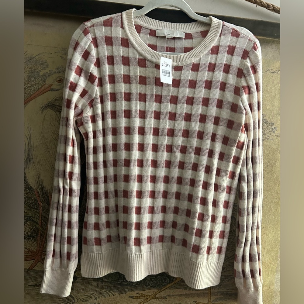 LOFT Cream and Dusty Rose Check Crewneck Sweater